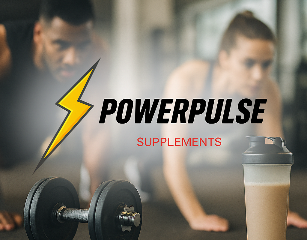 PowerPulse Supplements logo with gym background, dumbbell, and protein shake